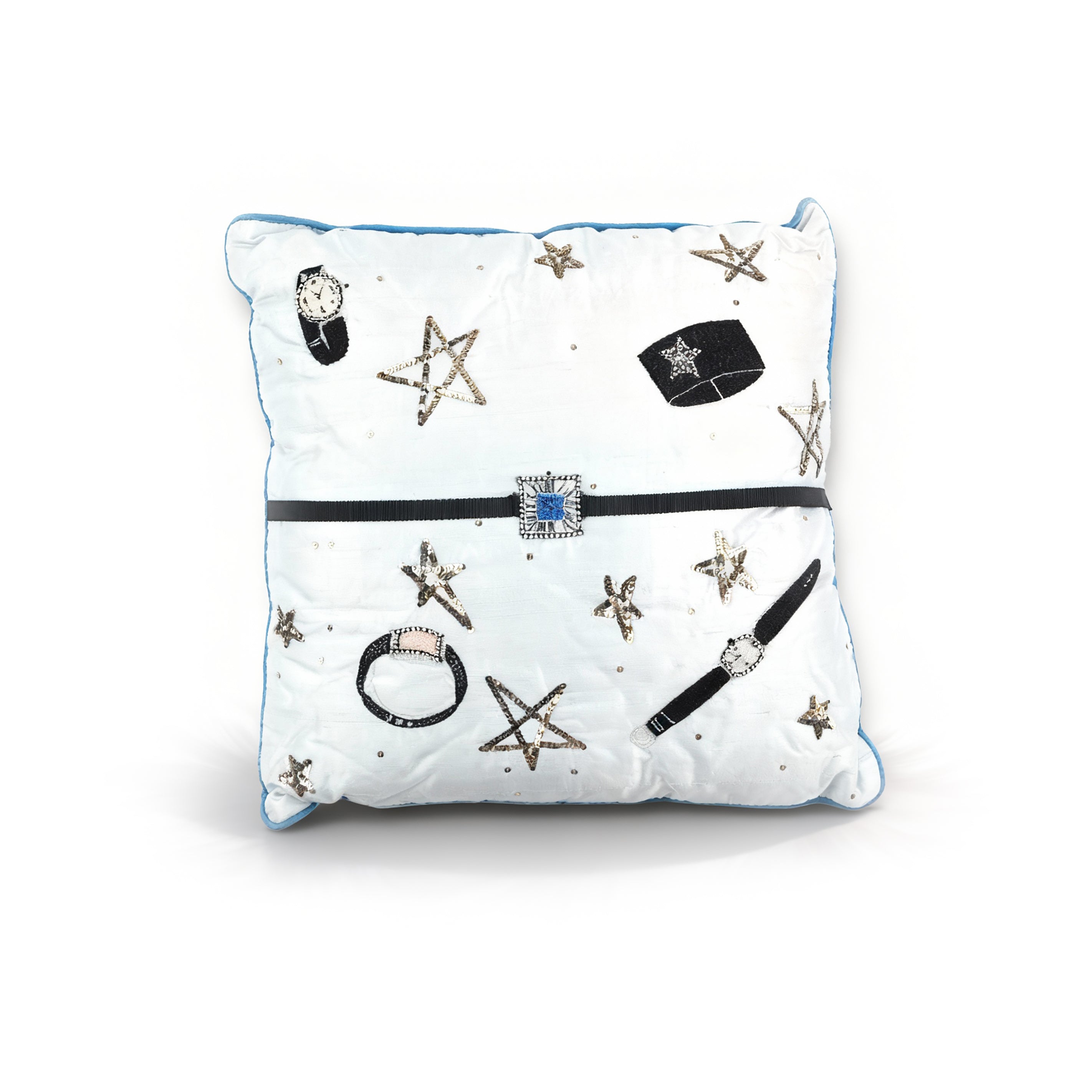 Idée Art Exclusive. Square Embroidered Cushion With Stars and Watches. Medium Size