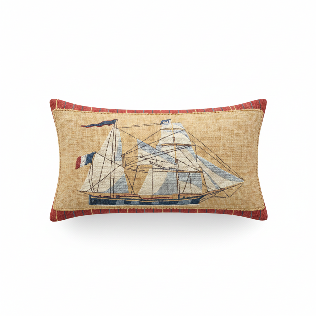 Idée Art Exclusive. Cushion with Ship Motif. Large Size