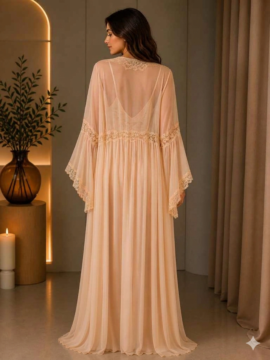 Champagne Lace-Panel Nightgown and Robe Set