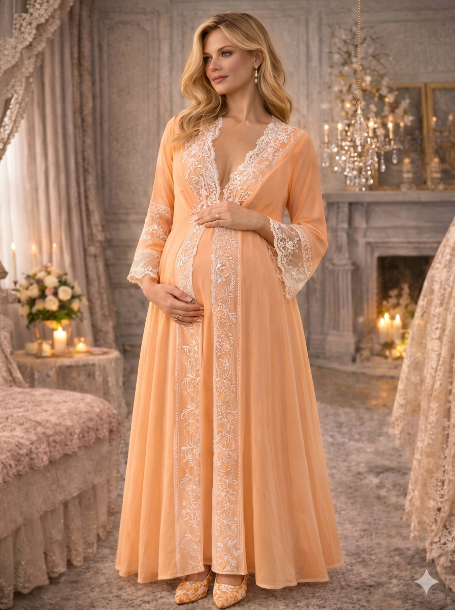 Peach Lace-Trim Robe