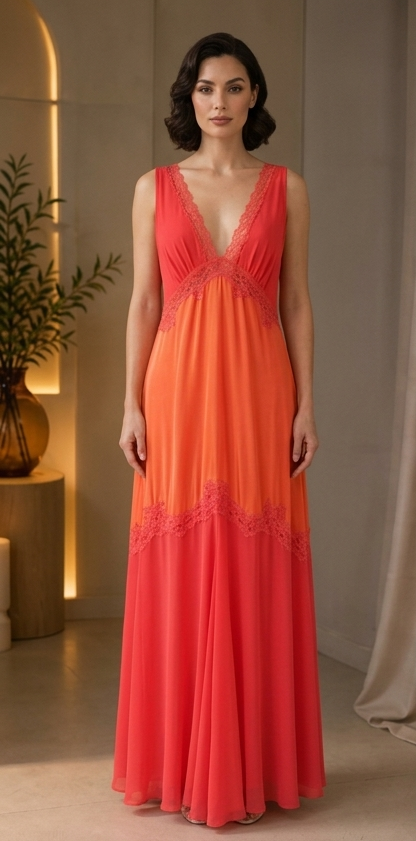 Orange Red Lace-Panel Nightgown