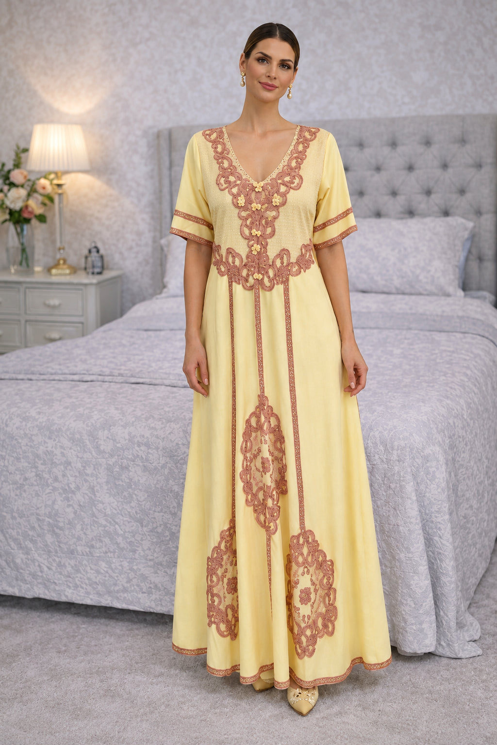 Yellow Nightgown with Rose Embroidery