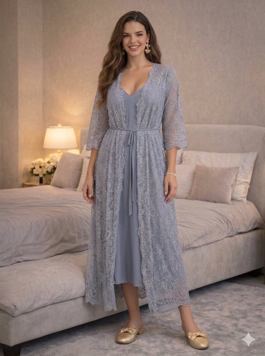 Dusty Blue Lace Robe and Nightgown Set