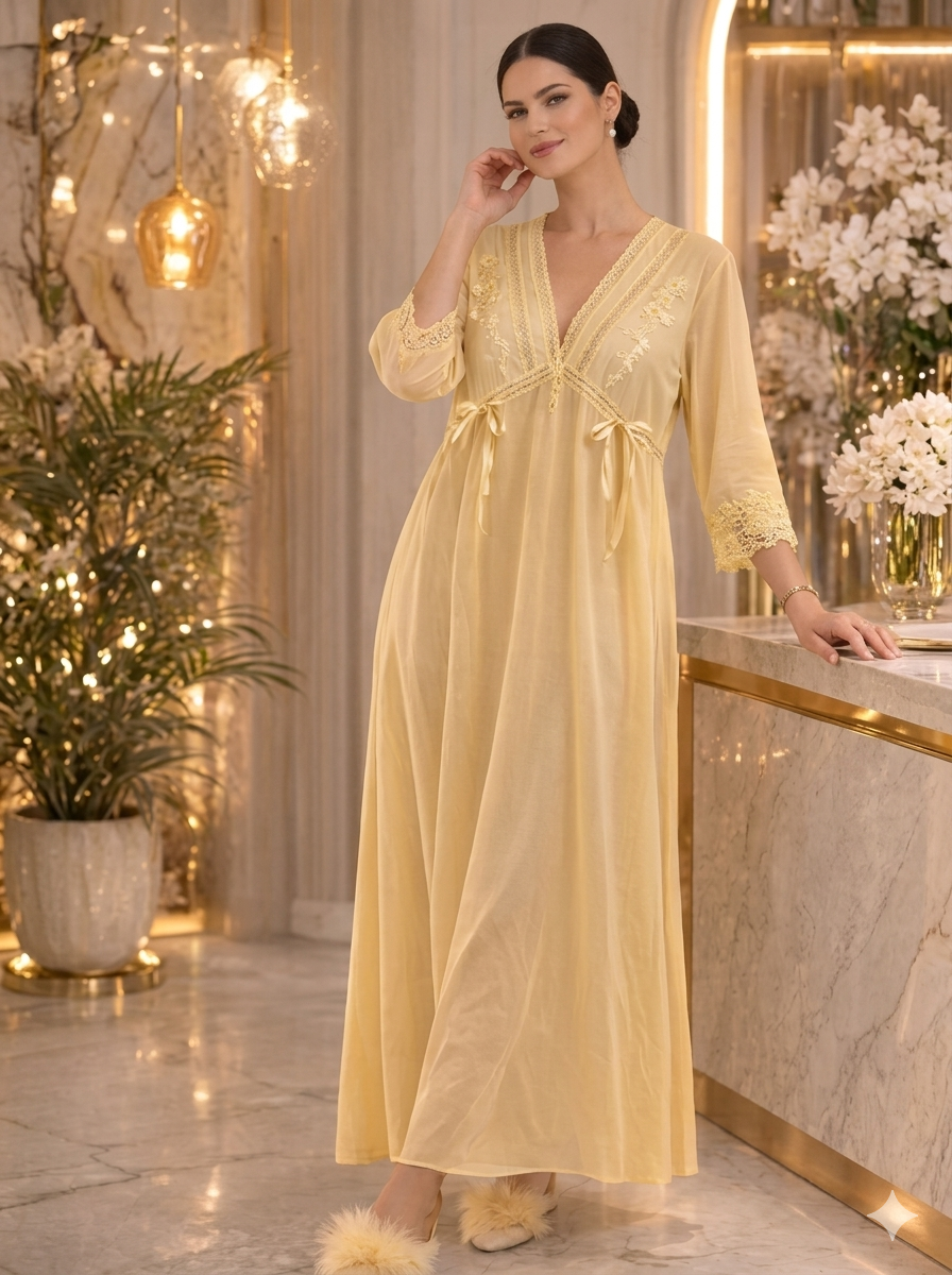 Pale Yellow Tie-Waist Nightgown