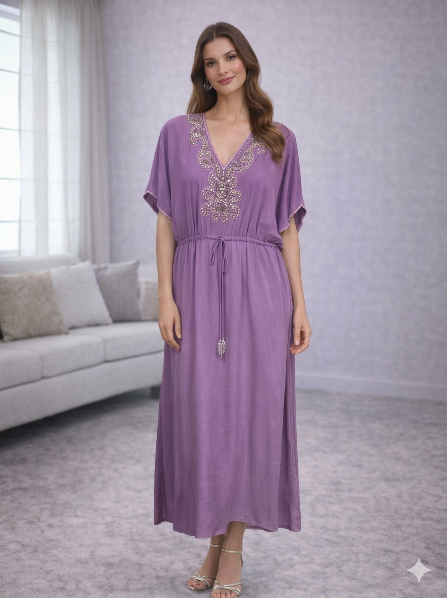 Lavender Embellished Drawstring Kaftan