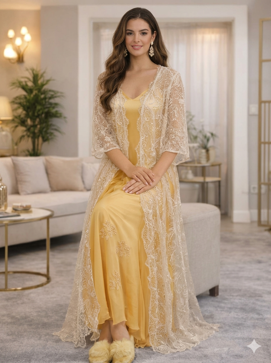 Yellow Embroidered Nightgown and Lace Robe Set
