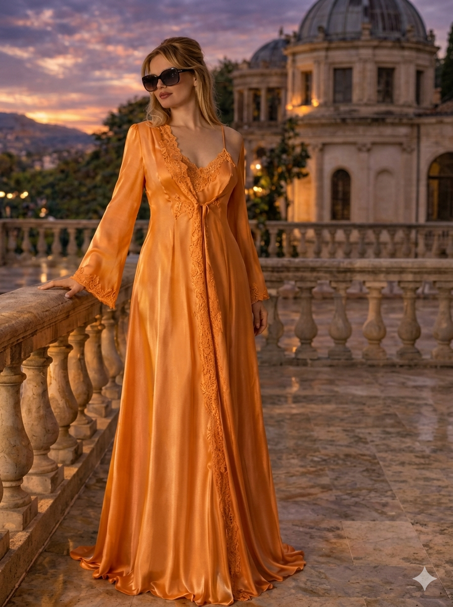Woman in an orange evening gown standing on a balcony with a scenic background