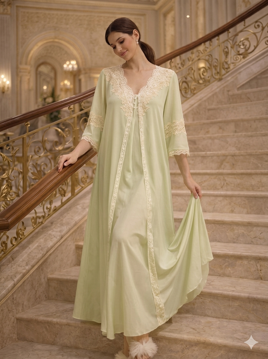 Sage Green Lace-Trim Robe