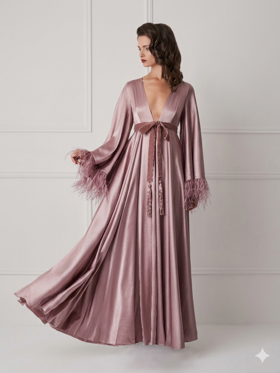 Dusty Rose Feather-Cuff Robe