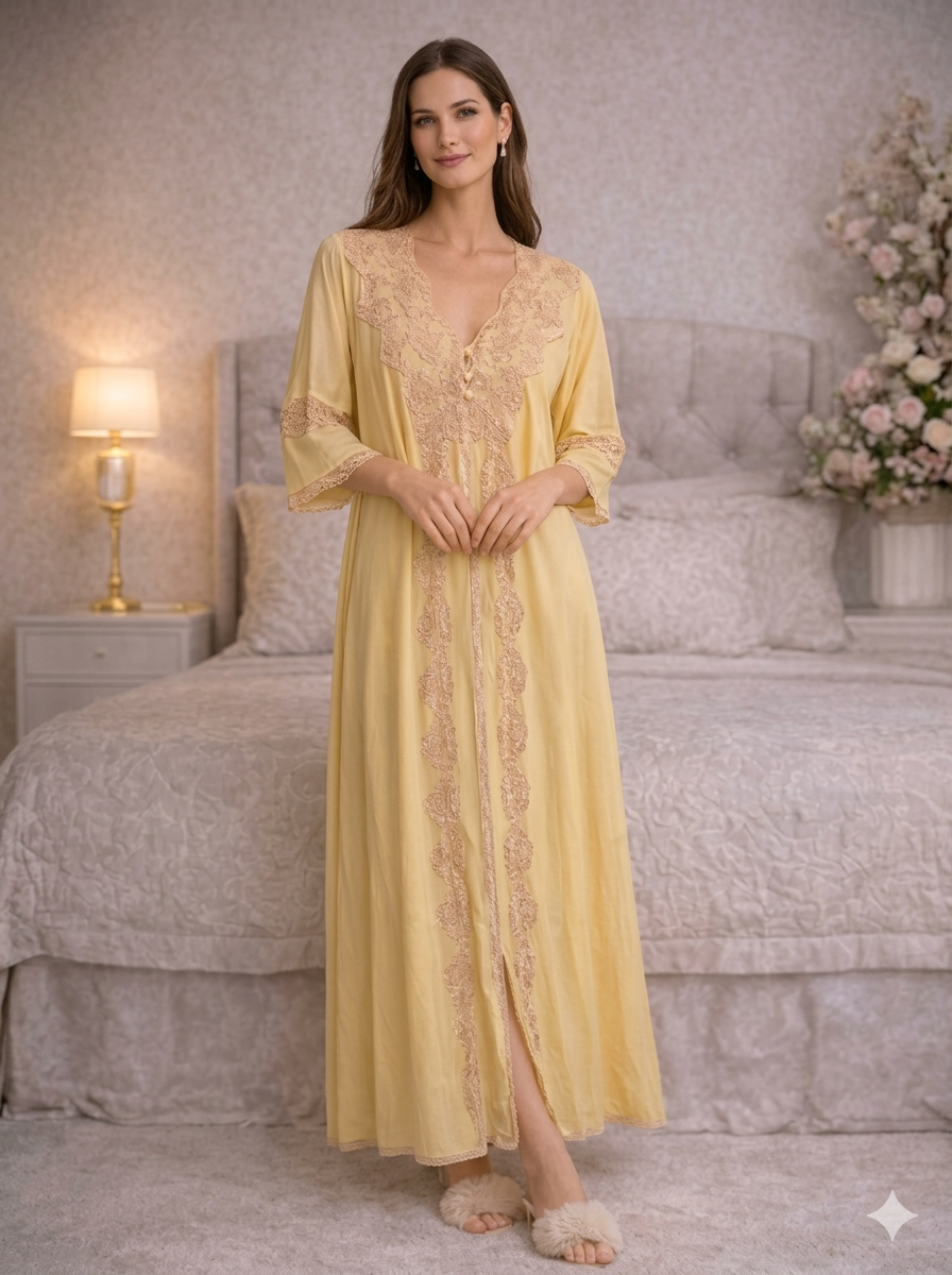 Pale Yellow Lace-Trim Robe