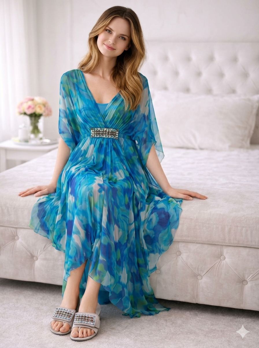 Blue Floral-Print Embellished-Waist Kaftan