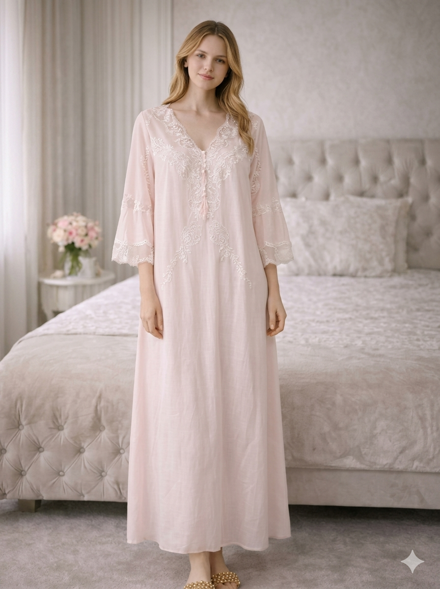 Blush Pink Lace-Embroidered Nightgown