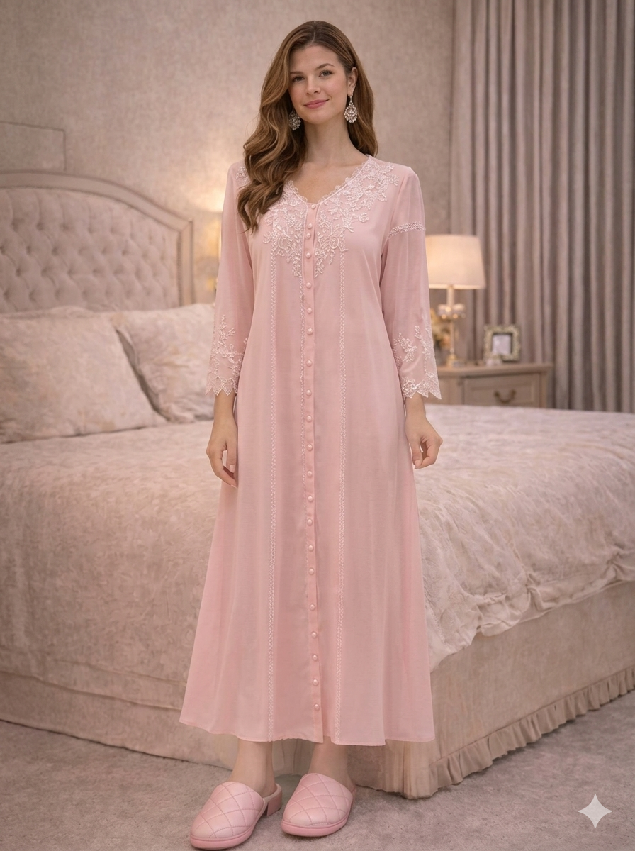Blush Pink White-Lace Button-Front Nightgown