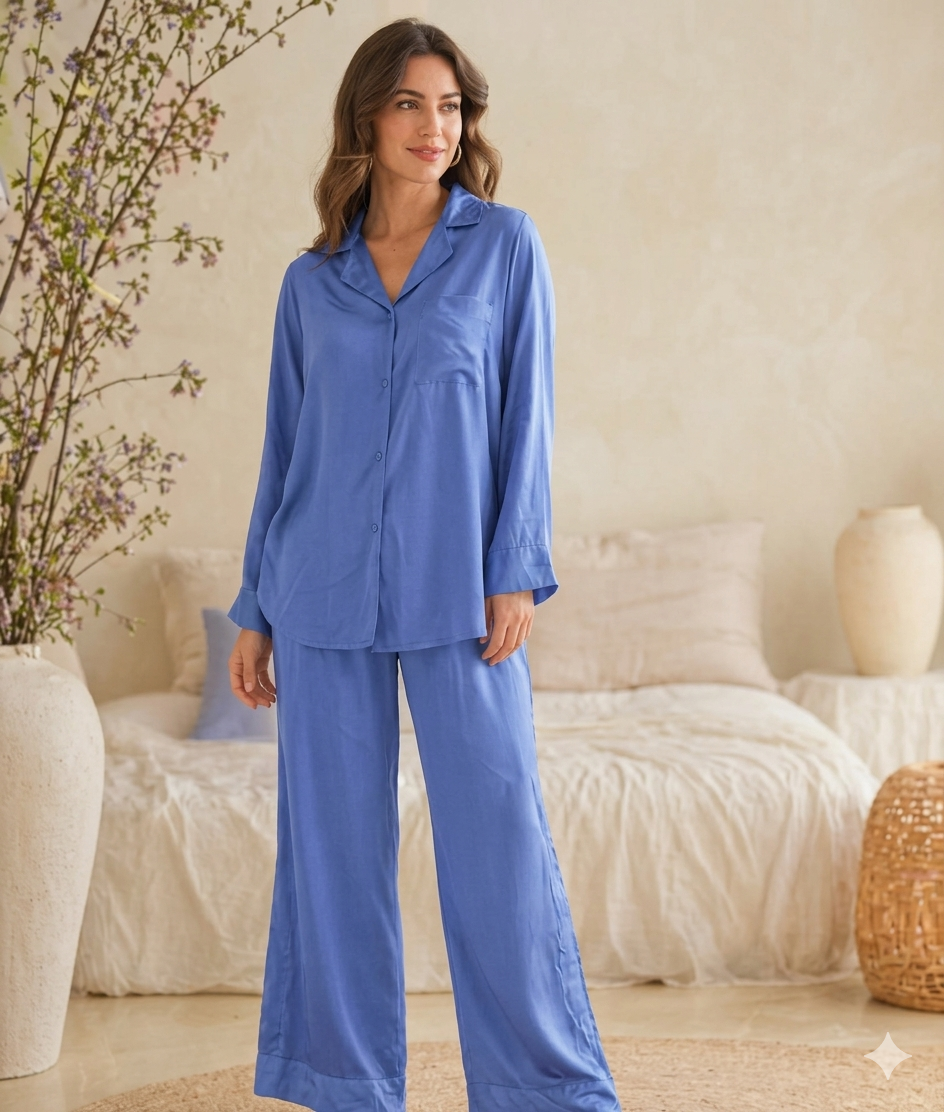 Blue Button-Front Pajama Set