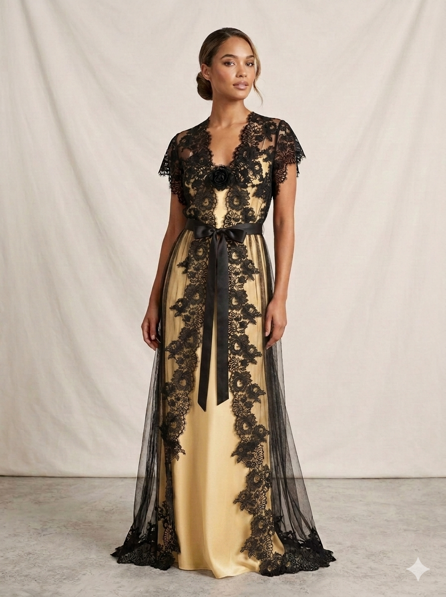 Champagne Black-Lace Nightgown Set