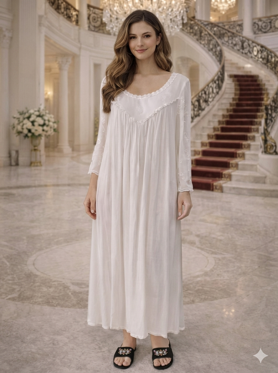 White Embroidered Sheer-Sleeve Nightgown