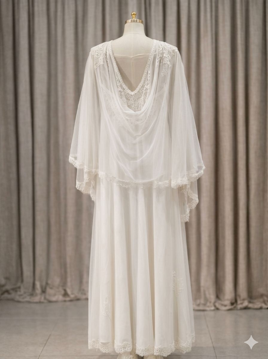 White Lace-Trim Cape Nightgown