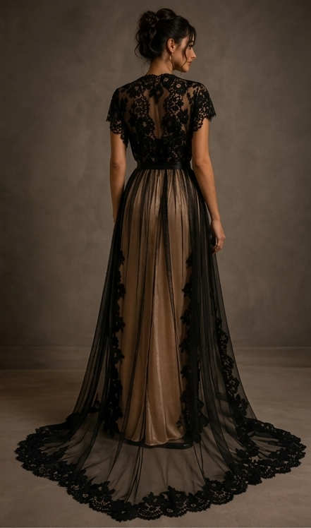 Champagne Black-Lace Nightgown Set