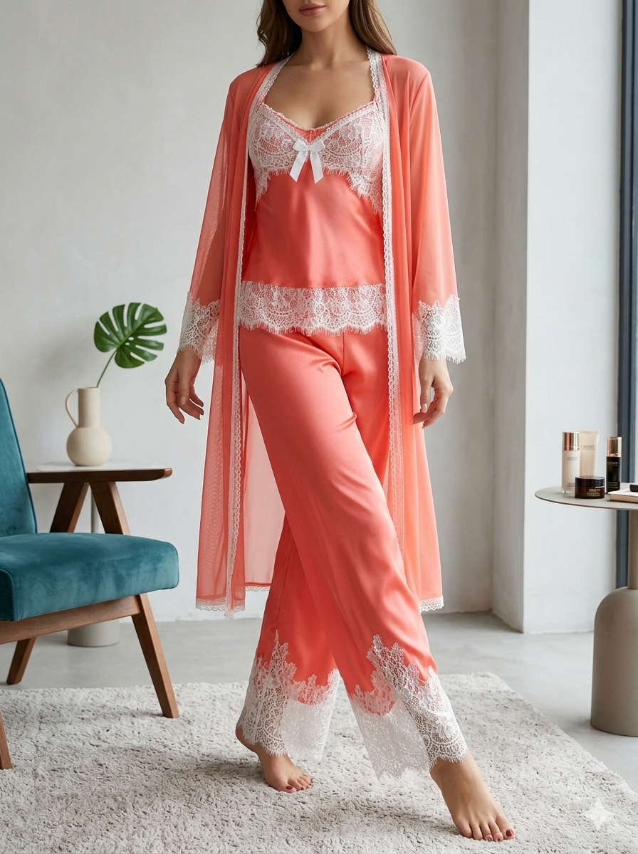Coral White-Lace Pajama and Robe Set