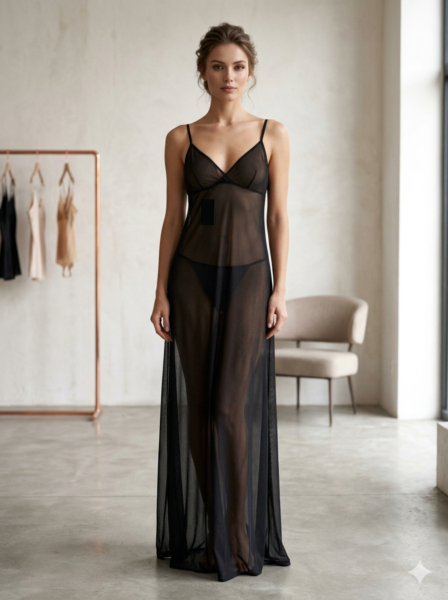 Black Sheer Full-Length Nightgown