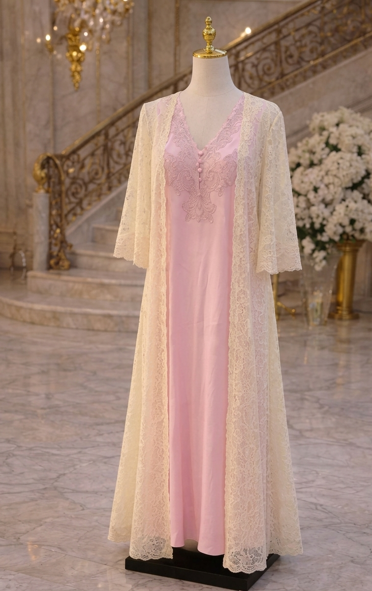 Pink Nightgown with Ivory Lace Overlay