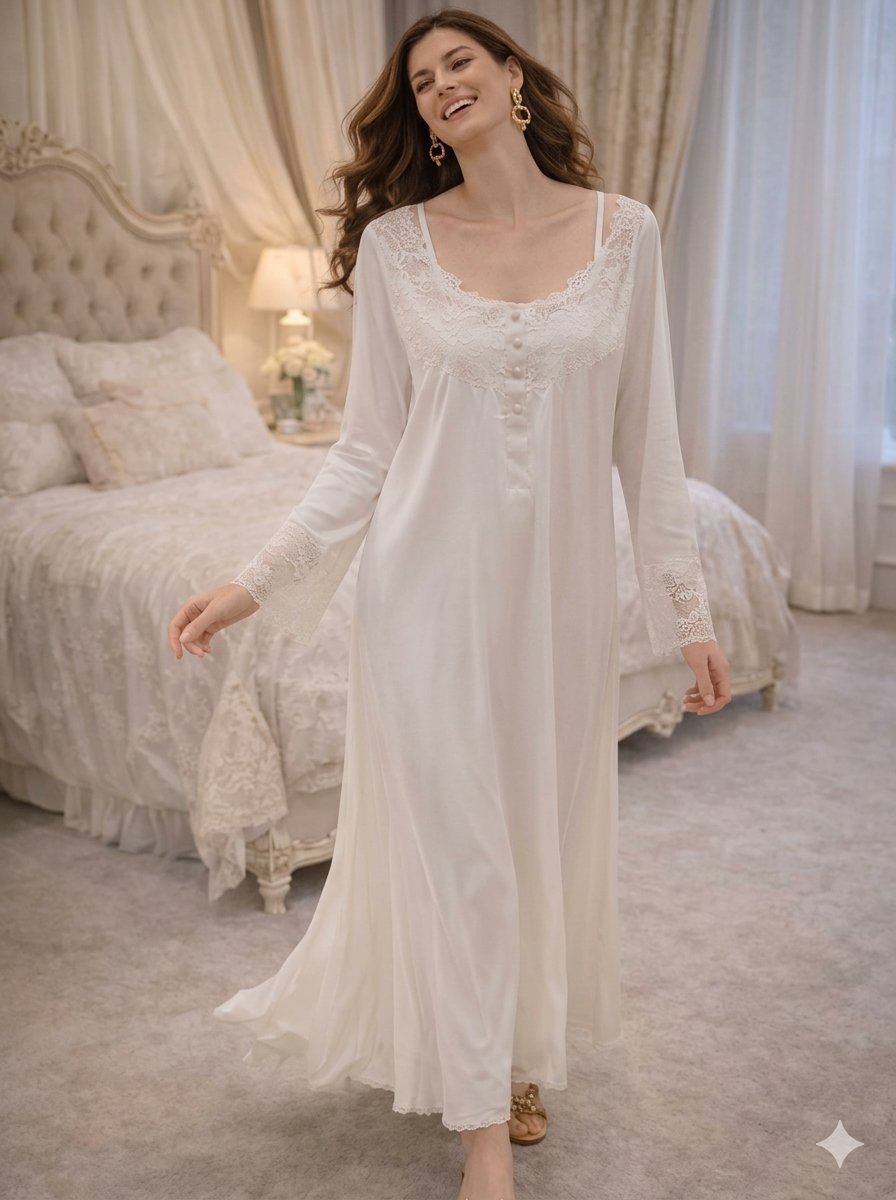 White Lace-Panel Button-Front Nightgown