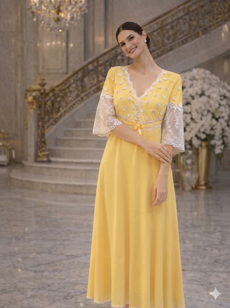 Yellow Lace-Sleeve Nightgown