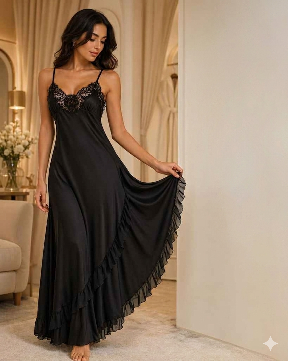 Black Lace-Back Ruffle-Trim Nightgown