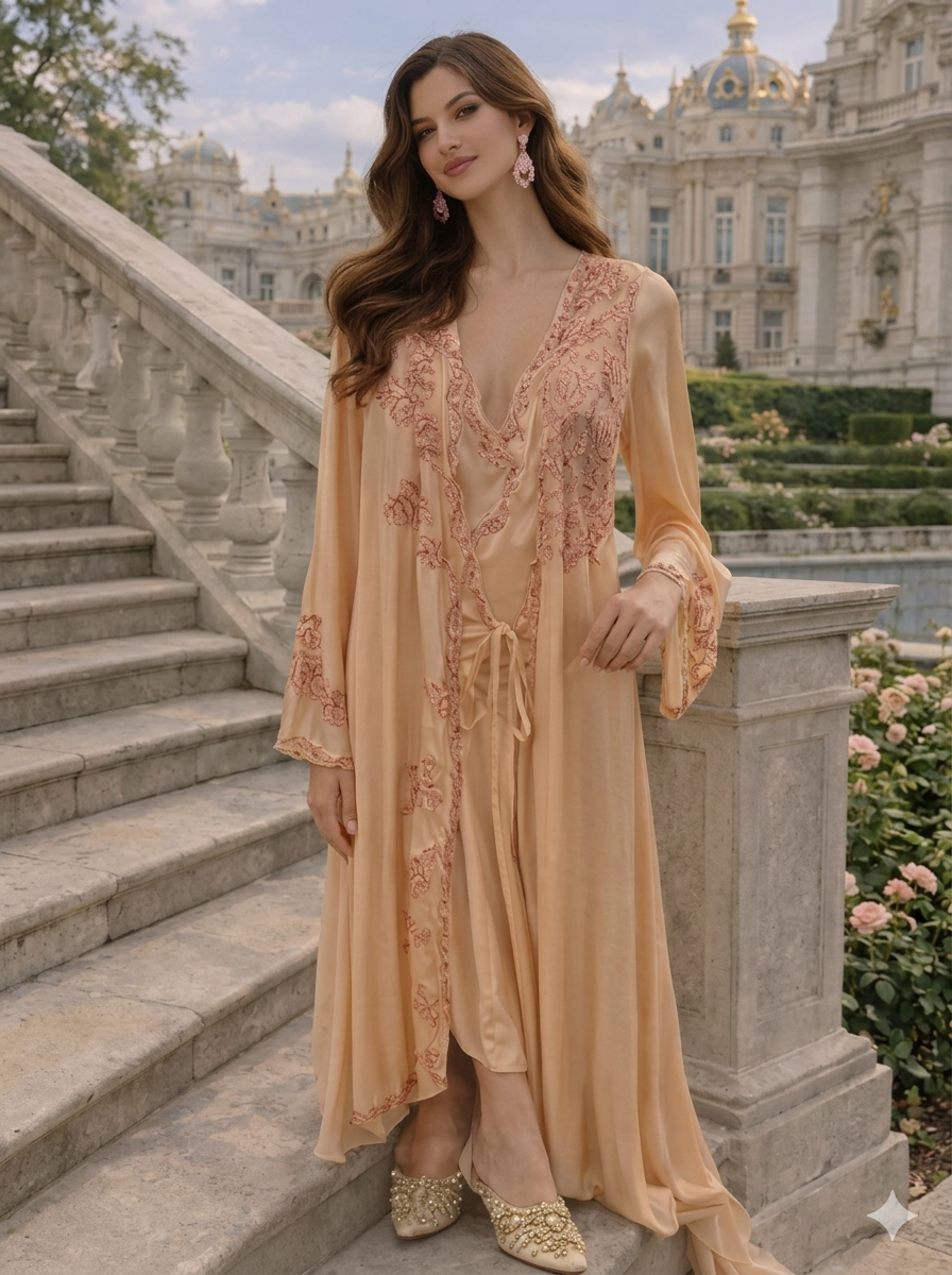 Peach Embroidered Nightgown and Robe Set
