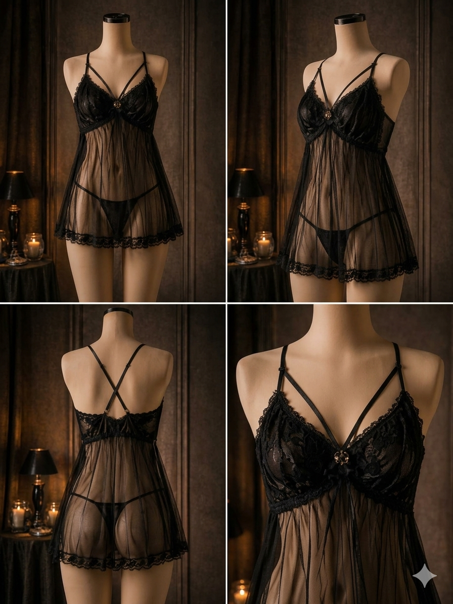 Black Lace Sheer Short Nightgown