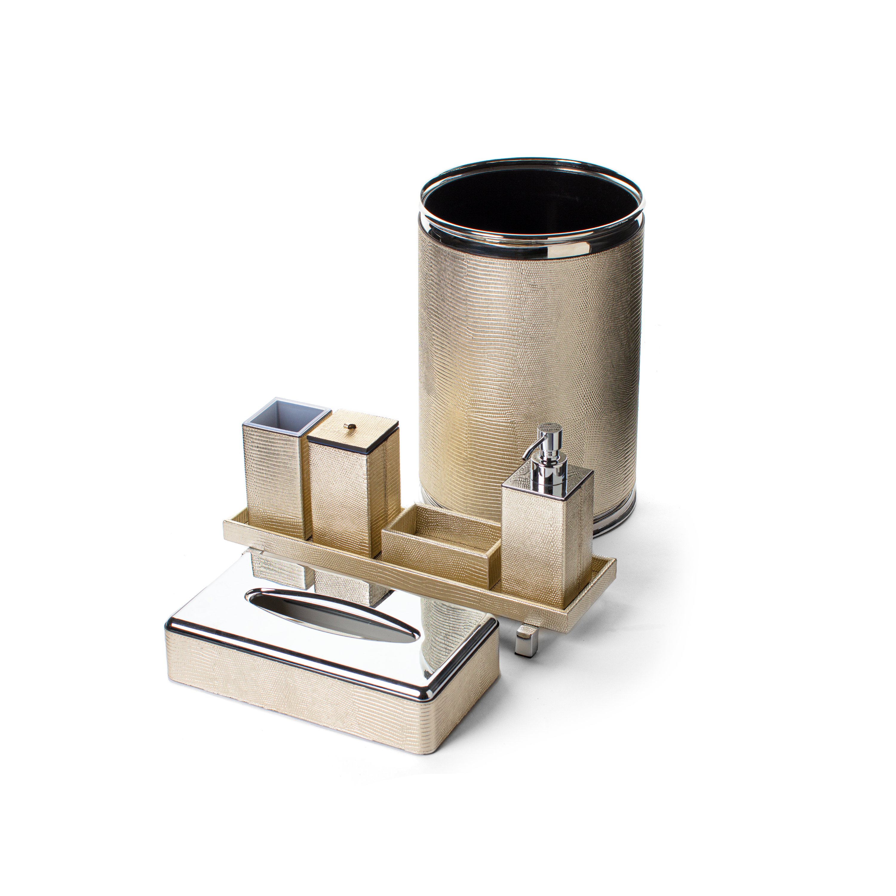 Pinetti. A Set of Grained Gold Leather Waste Basket & Rectangular Tissue Box