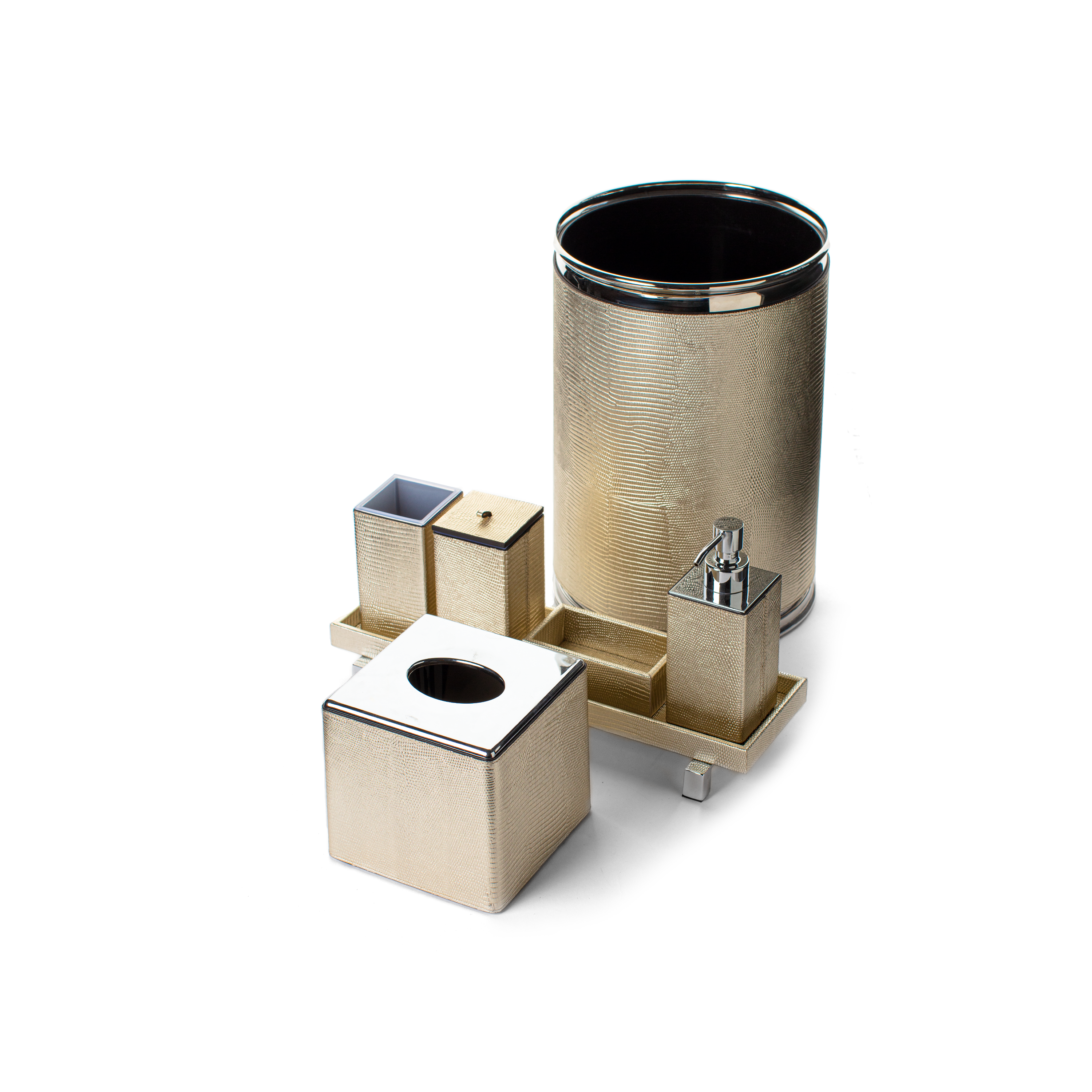 Pinetti. A Set of Grained Gold Leather Waste Basket & Square Tissue Box