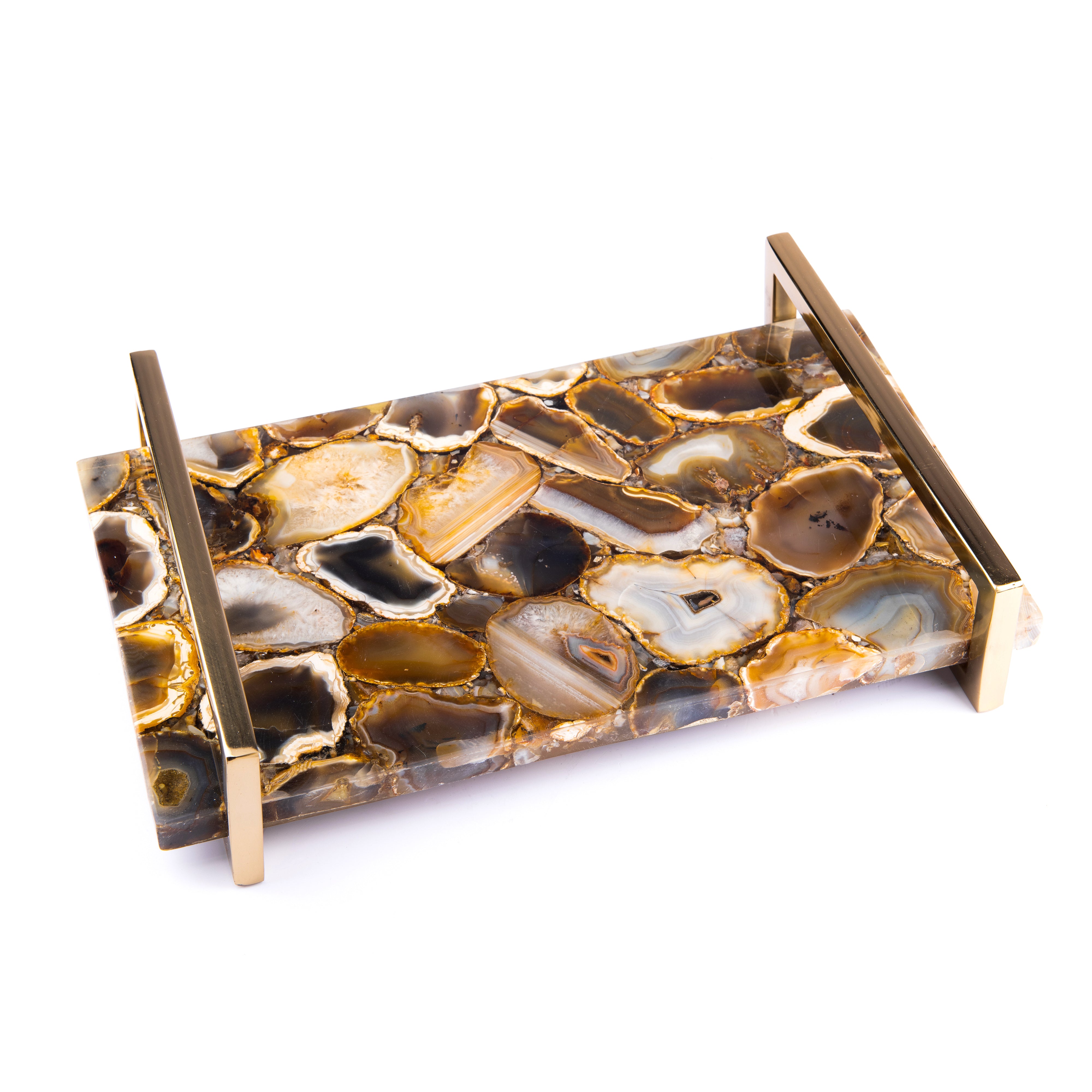 Two's Company. Brown Agate Decorative Tray with Stainless Steel Handles. Large Size