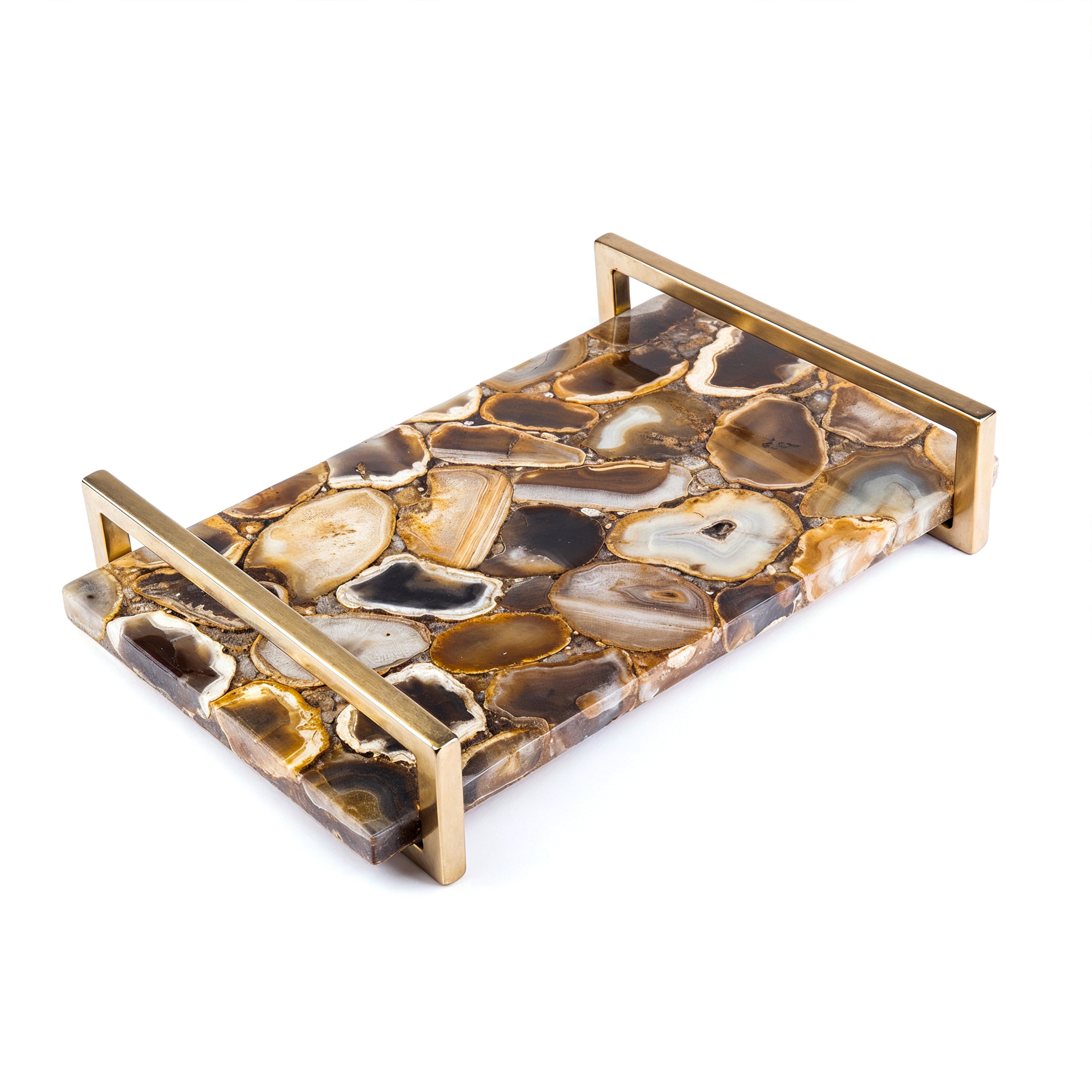 Two's Company. Brown Agate Decorative Tray with Stainless Steel Handles. Large Size