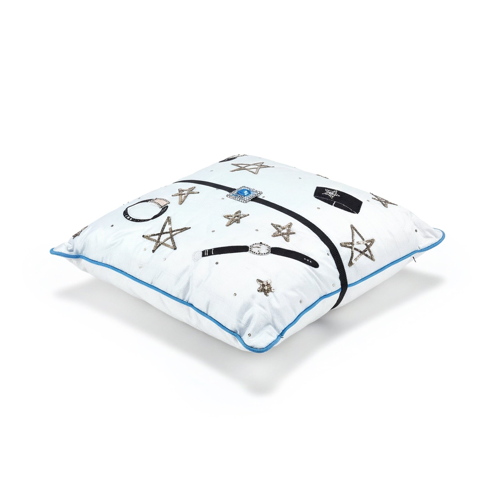 Idée Art Exclusive. Square Embroidered Cushion With Stars and Watches. Medium Size