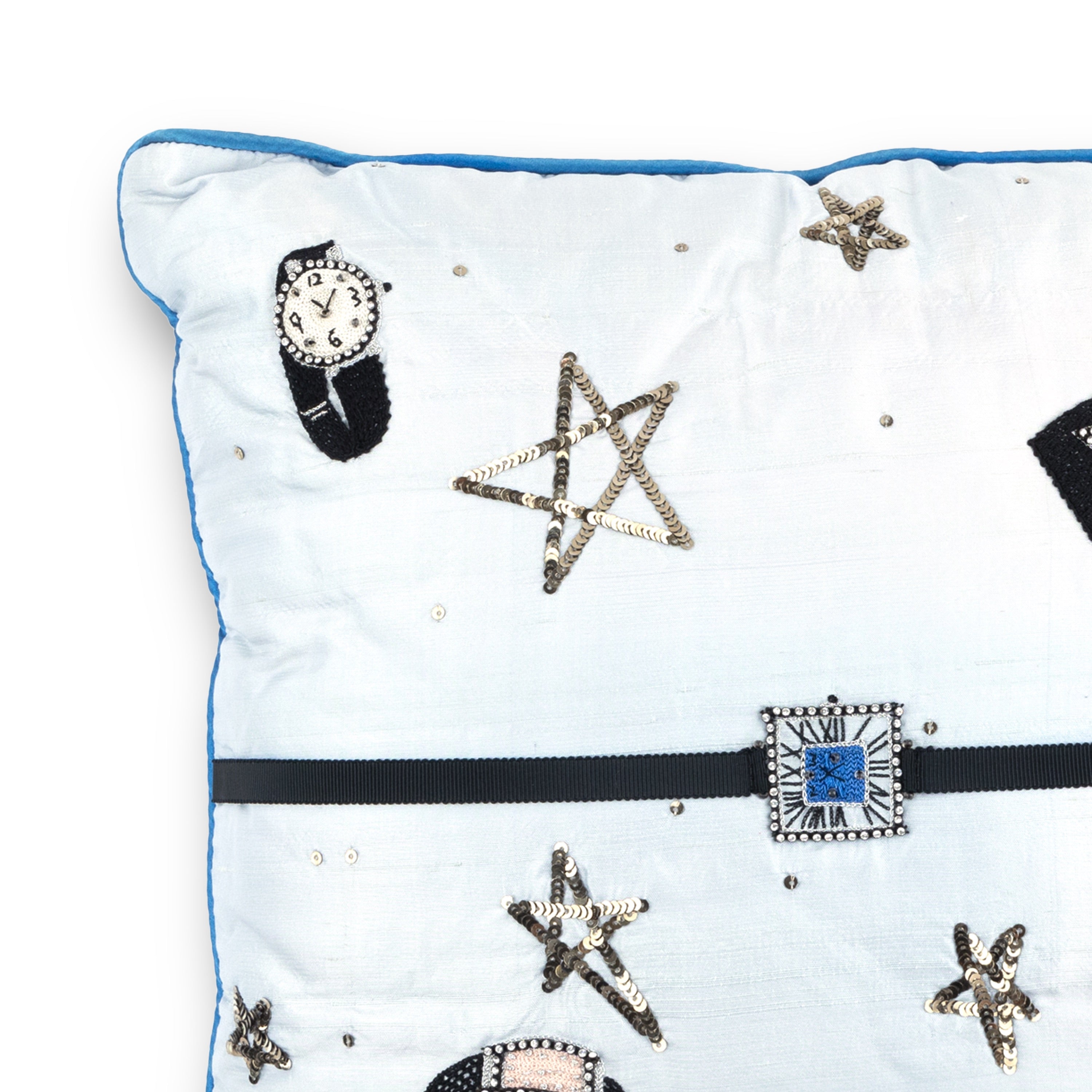 Idée Art Exclusive. Square Embroidered Cushion With Stars and Watches. Medium Size