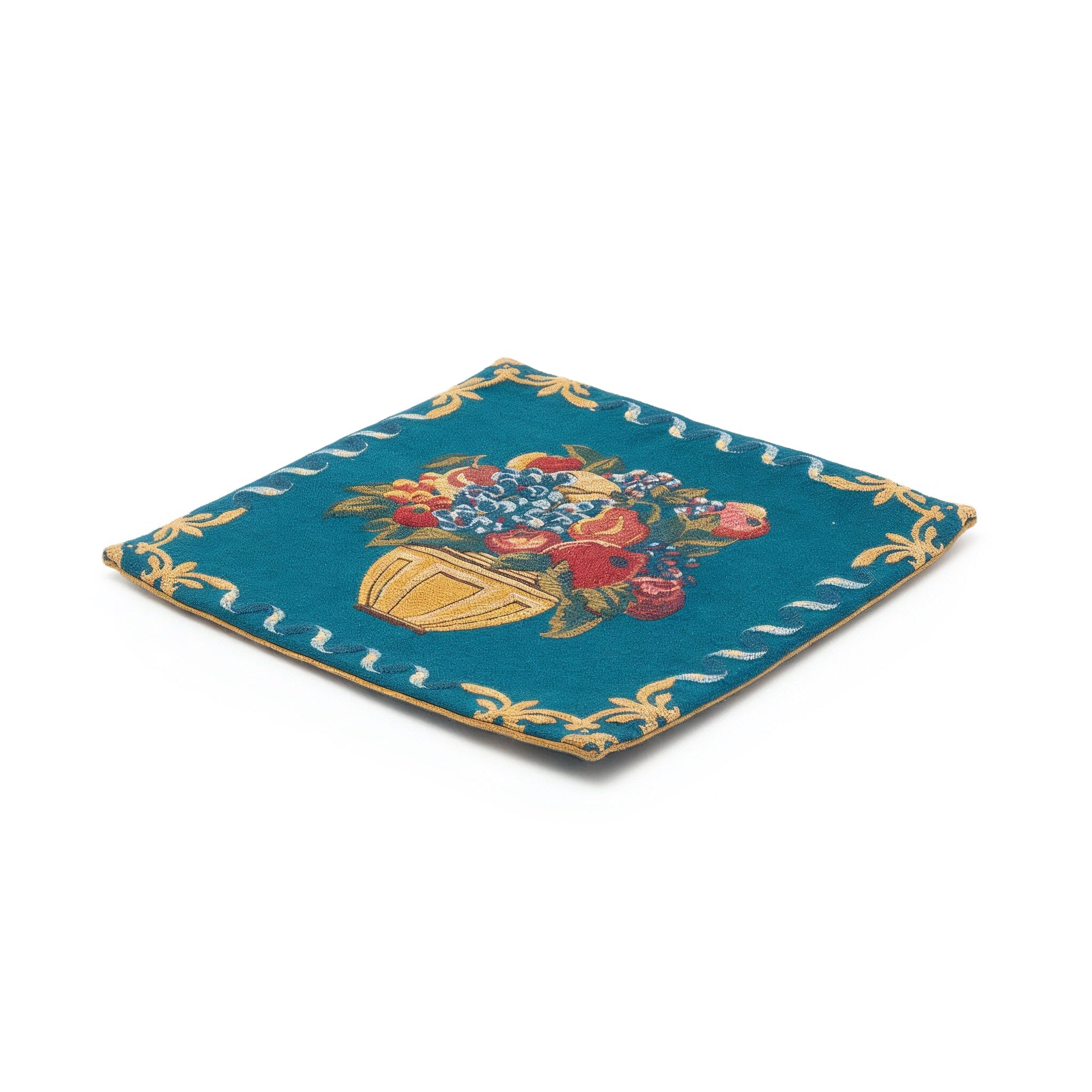 Idée Art Exclusive. Square Blue Cushion with Fruits Motif. Large Size