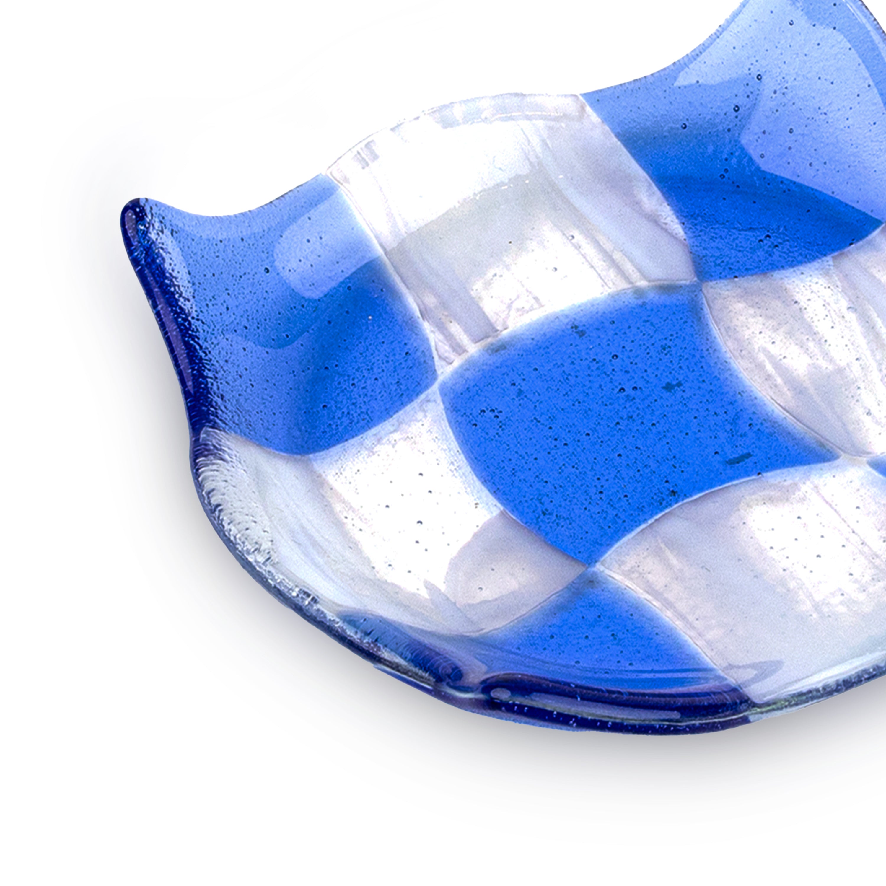 Idée Art Exclusive. Glass Decorative Plate with White & Light Blue Checkerboard Pattern. Small Size