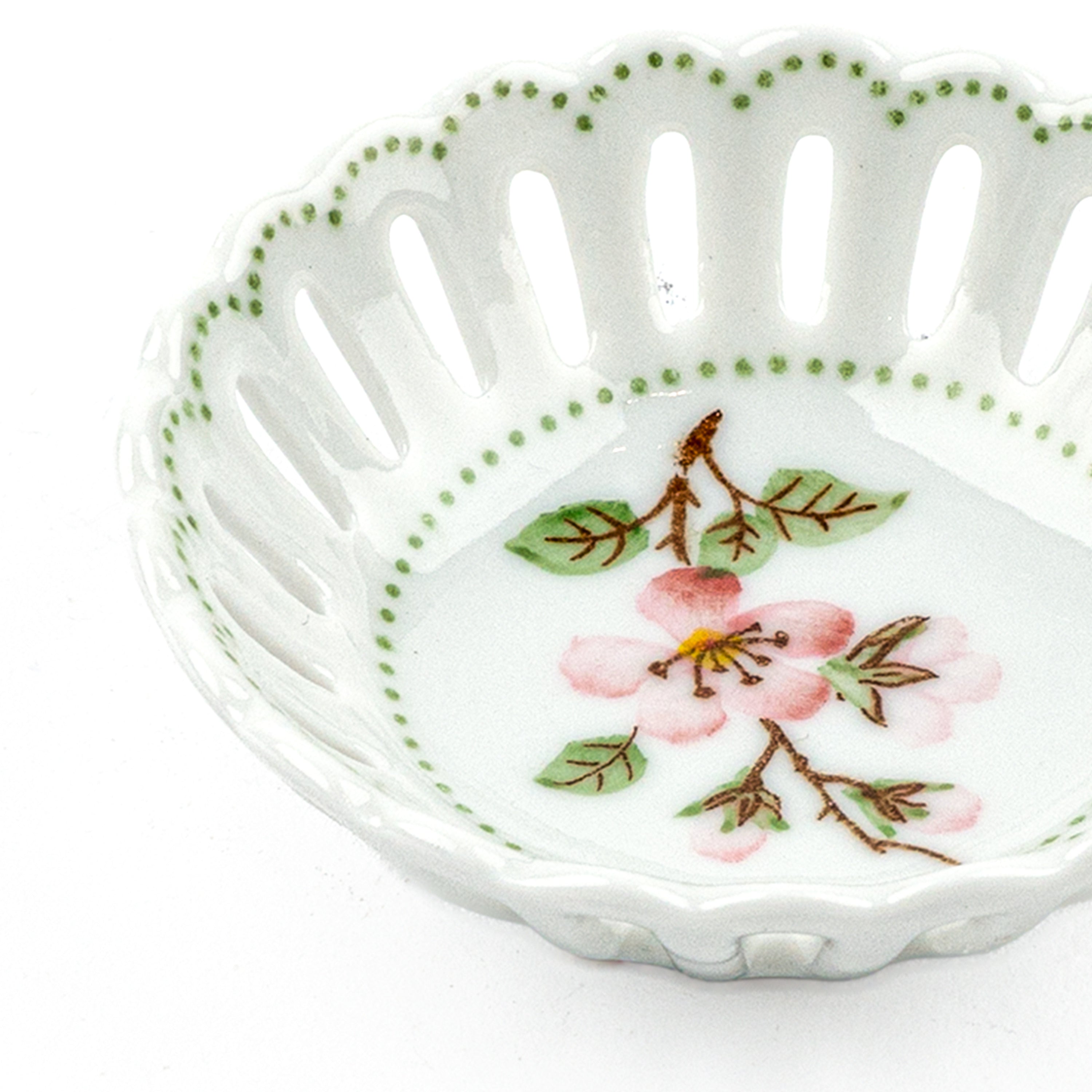 Idée Art Exclusive. Round Porcelain Decorative Plate with Pink Flower Illustration. Extra Small Size