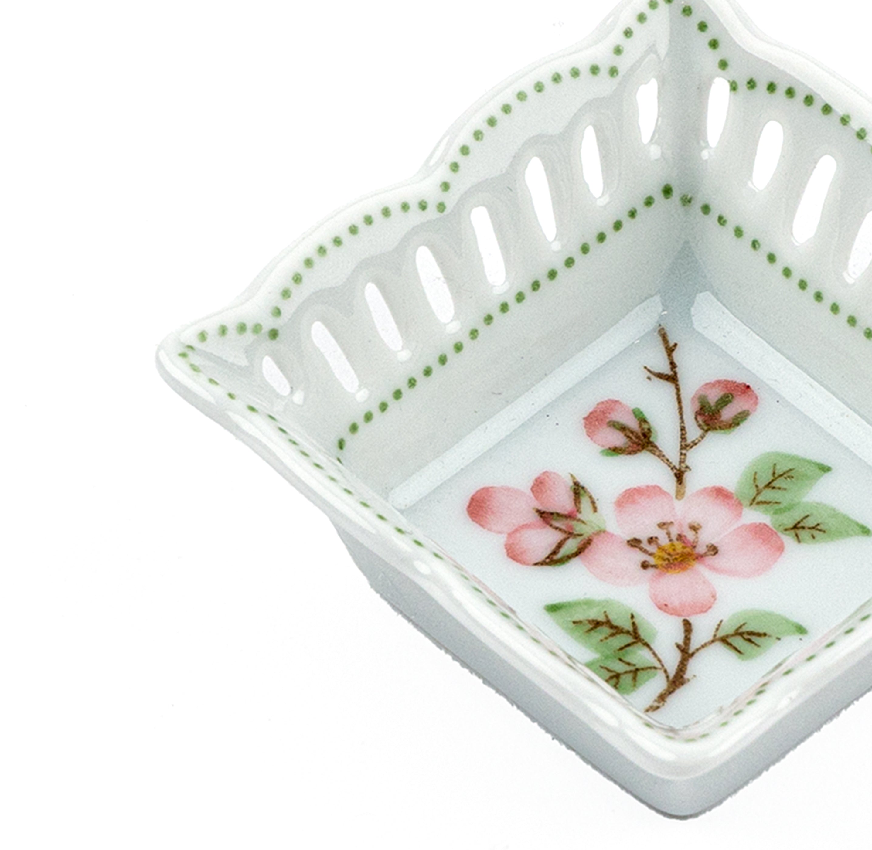 Idée Art Exclusive. Square Porcelain Decorative Plate with Pink Flower Illustration. Extra Small Size