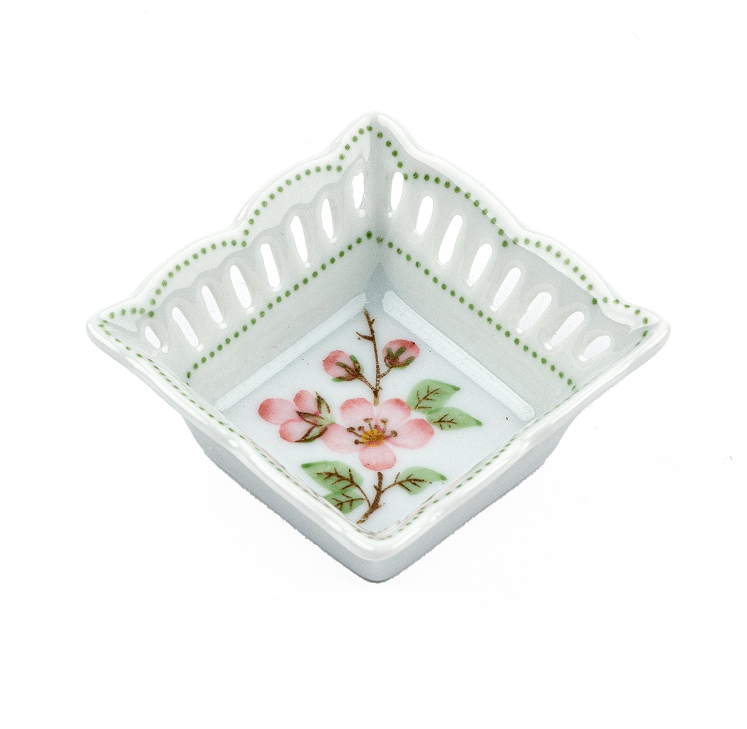 Idée Art Exclusive. Square Porcelain Decorative Plate with Pink Flower Illustration. Extra Small Size