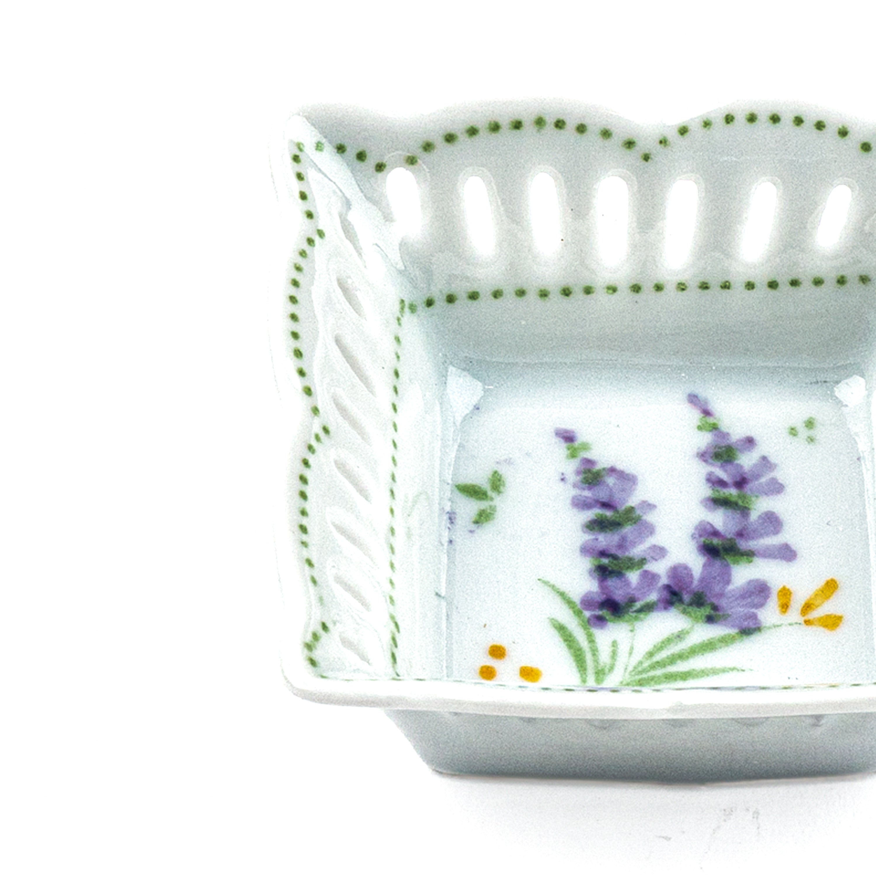 Idée Art Exclusive. Square Porcelain Decorative Plate with Lavender Illustration. Extra Small Size