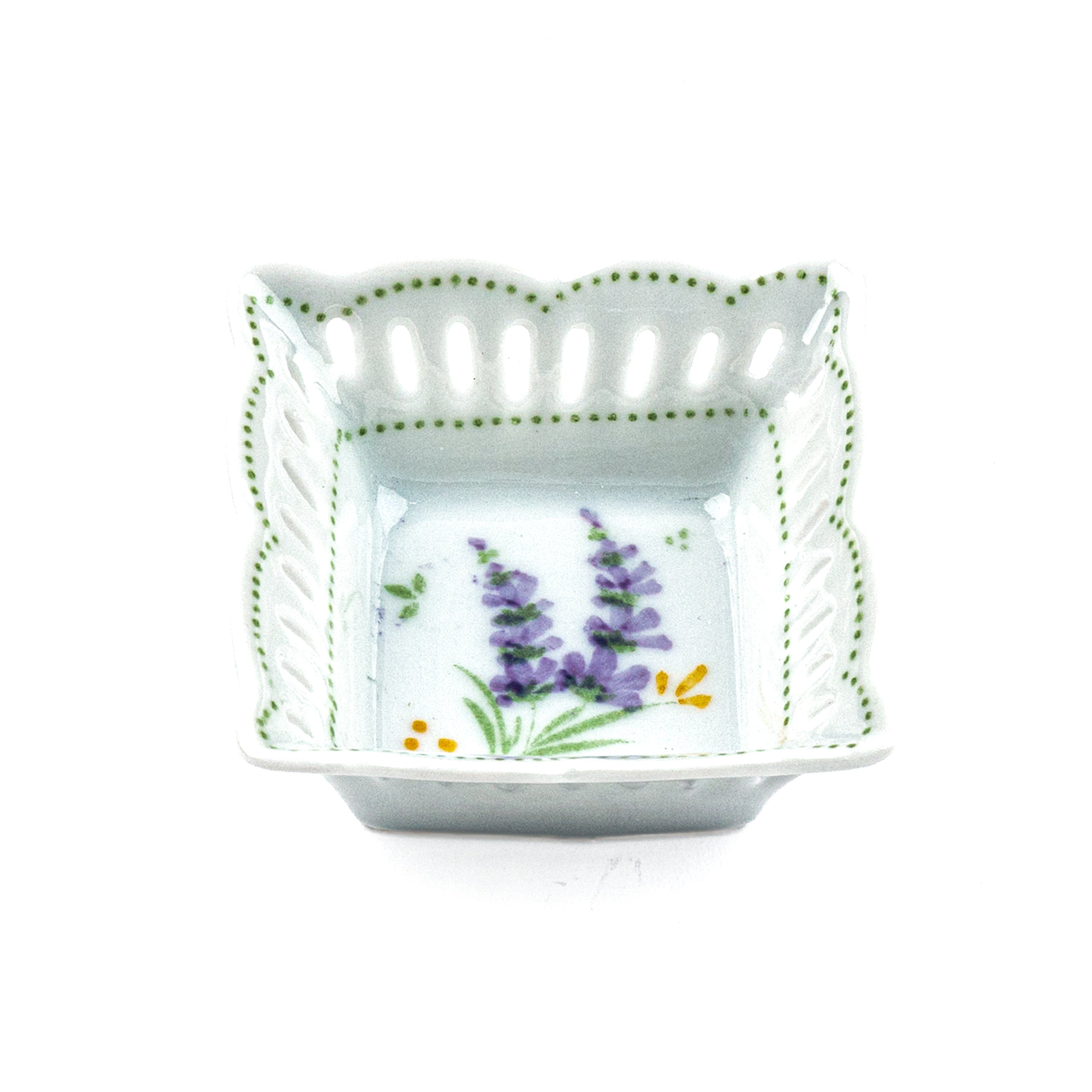 Idée Art Exclusive. Square Porcelain Decorative Plate with Lavender Illustration. Extra Small Size