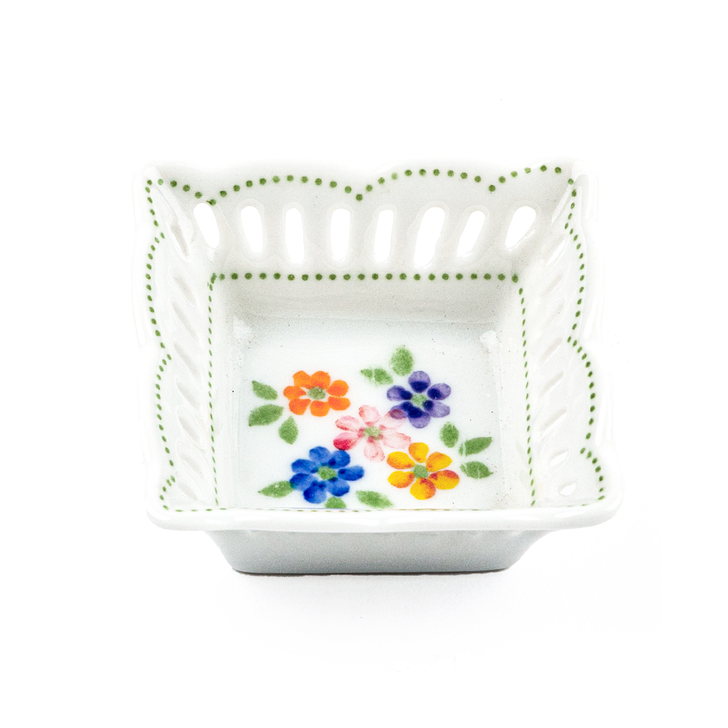 Idée Art Exclusive. Square Porcelain Decorative Plate with Flowers Illustration. Extra Small Size