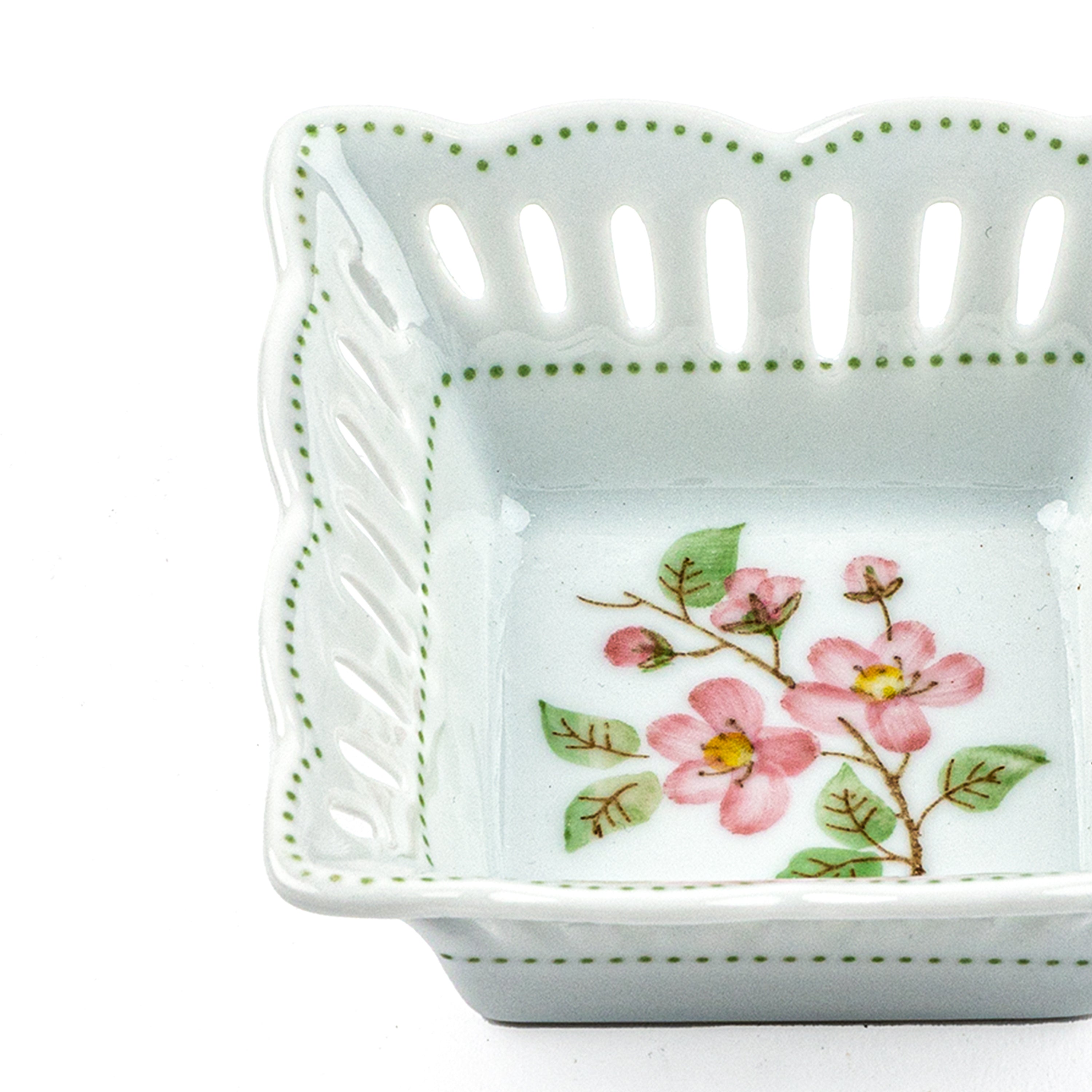 Idée Art Exclusive. Square Porcelain Decorative Plate with Pink Flower Illustration. Small Size