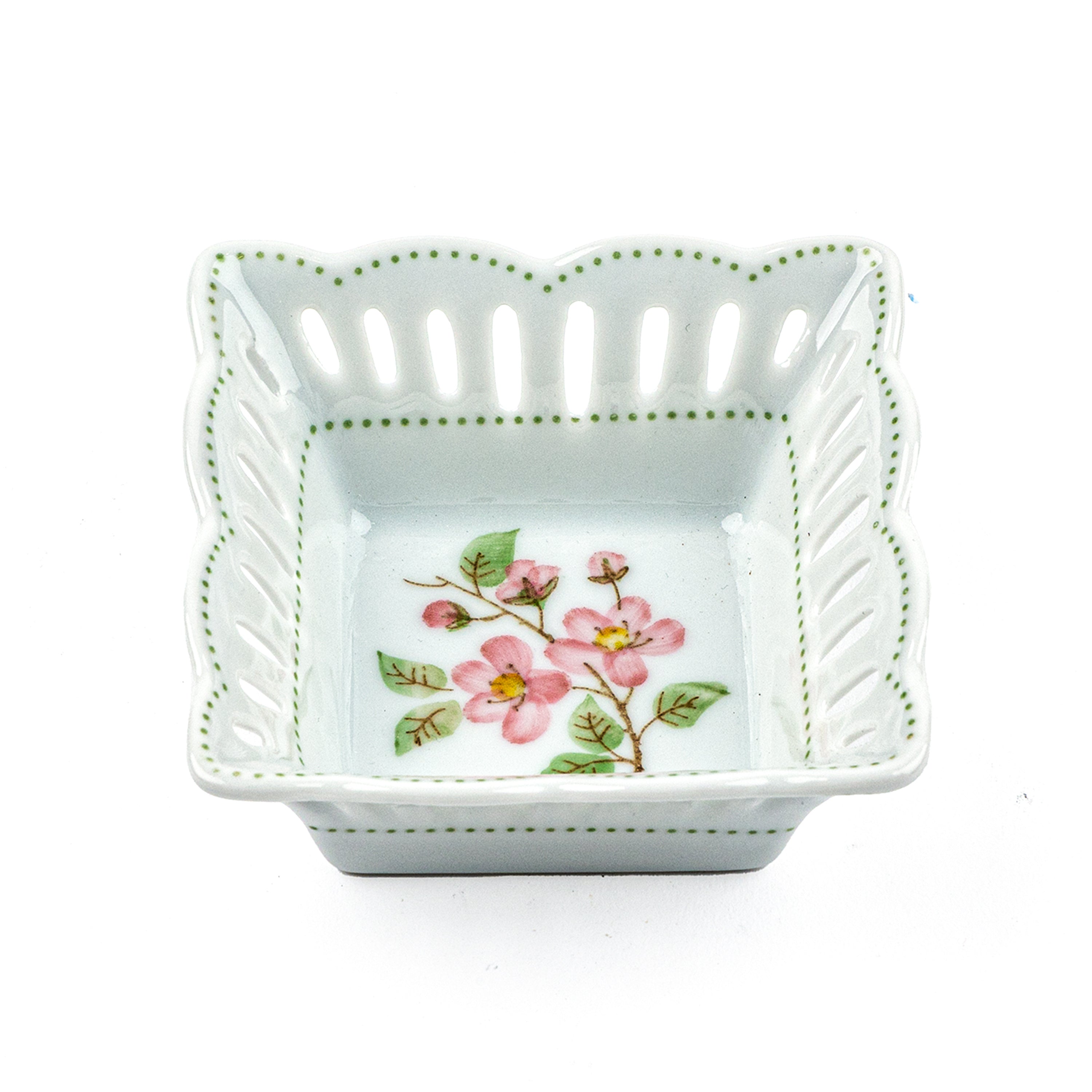 Idée Art Exclusive. Square Porcelain Decorative Plate with Pink Flower Illustration. Small Size