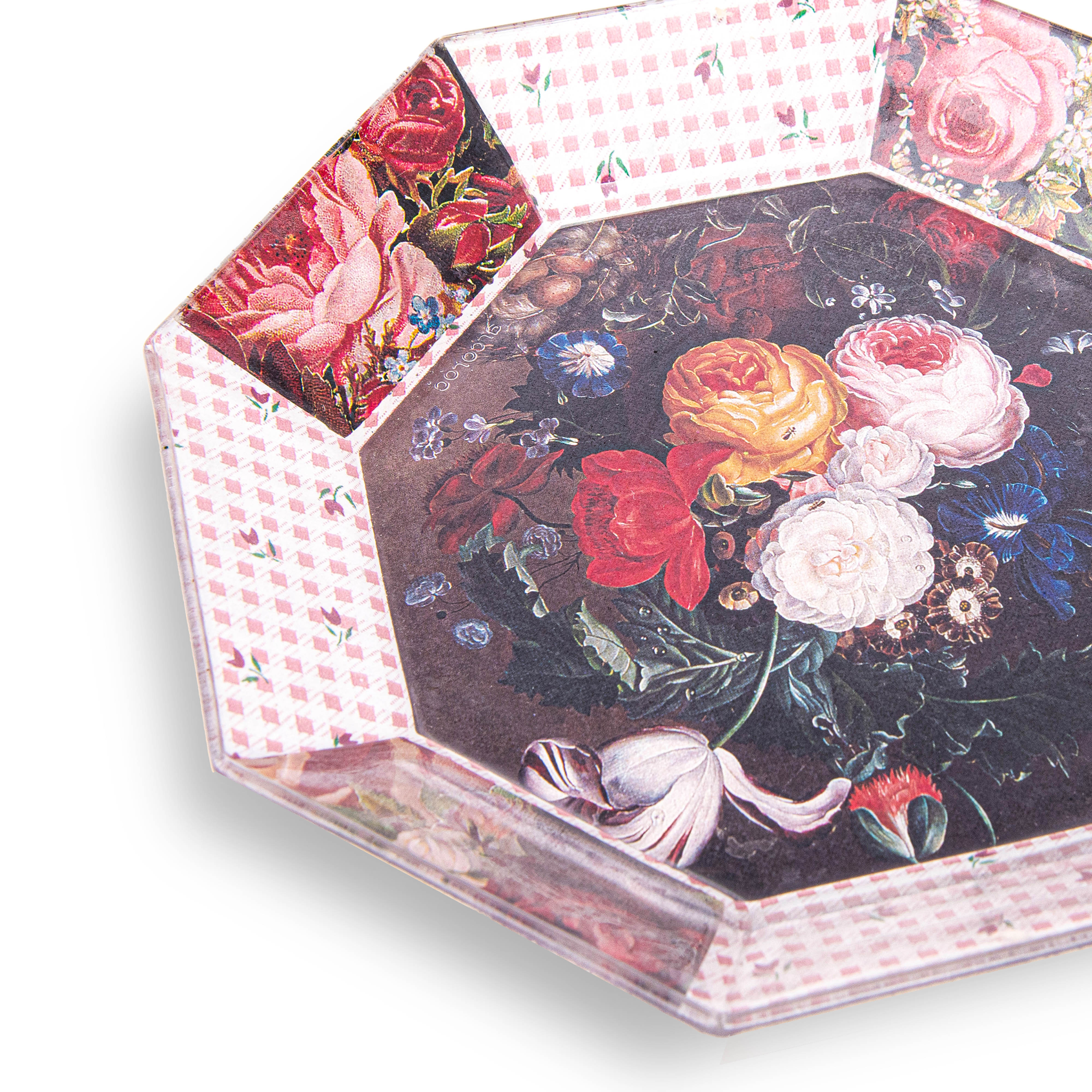 Idée Art Exclusive. Glass Decorative Plate with Floral Illustration. Medium Size