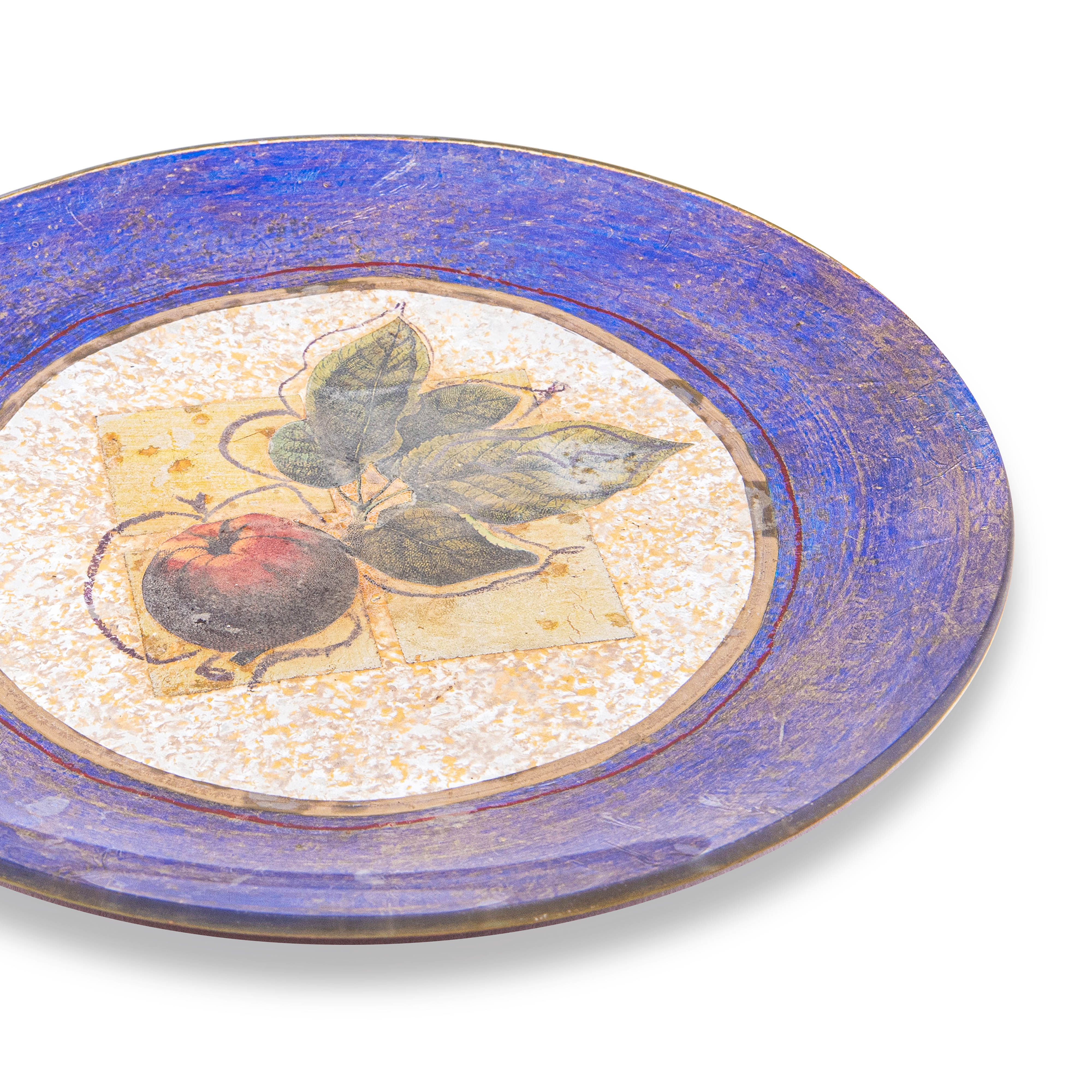 Idée Art Exclusive. Glass Decorative Plate with Fruit Illustration. Medium Size
