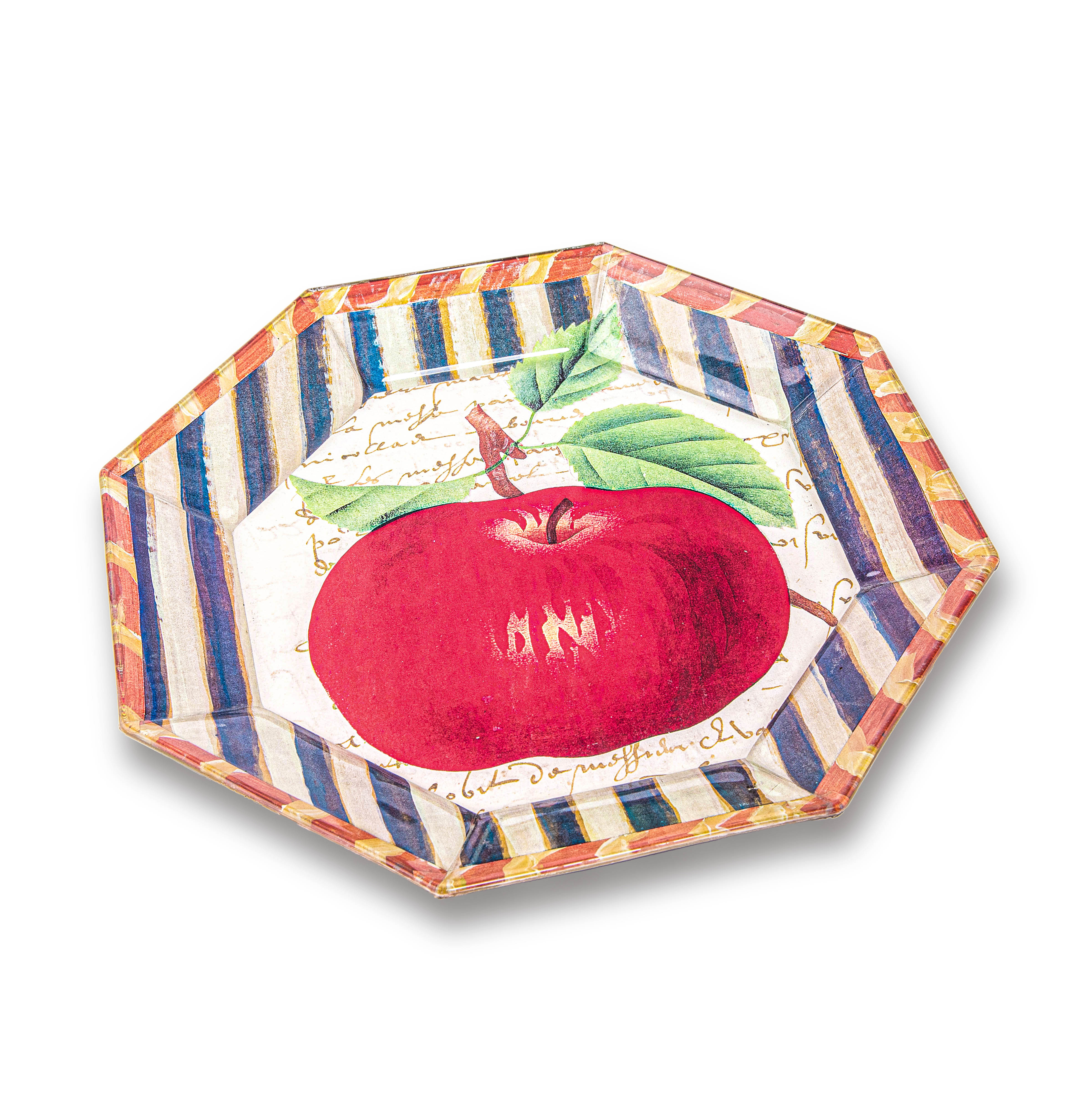 Idée Art Exclusive. Glass Decorative Plate with Apple Illustration. Medium Size