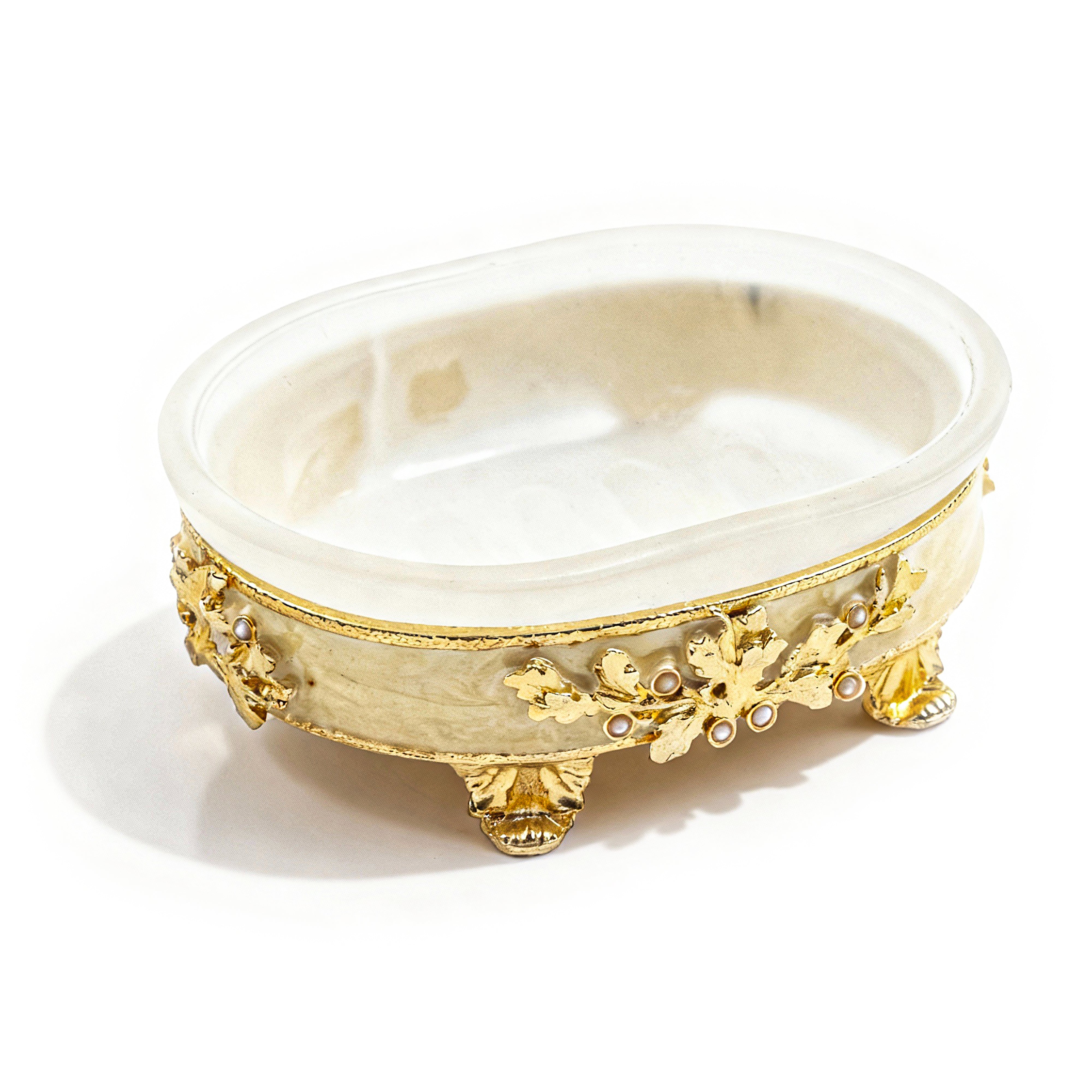 Mike + Ally. Soap Dish. Available in Small Size and in Three Colours (Beige, Amber and Olive), featuring a frosted crystal top and a base crafted from high-end metal and enamel.